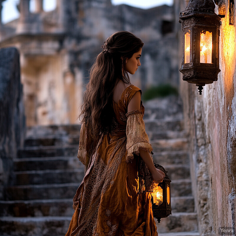 A woman in a long, flowing dress stands on stone steps, holding a lantern and surrounded by a blurred cityscape or village.