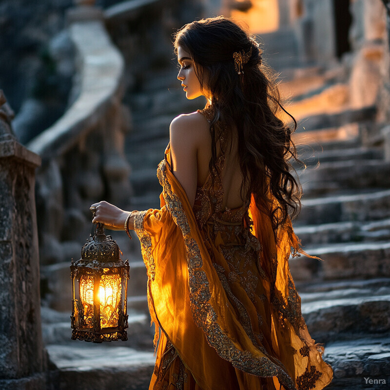 A woman dressed in an elegant orange dress walks up stone steps carrying a lantern