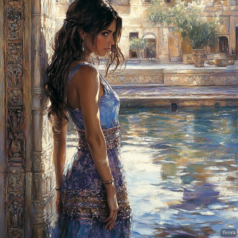 A young woman stands by a body of water in an outdoor setting, surrounded by a grand stone building with ornate carvings.