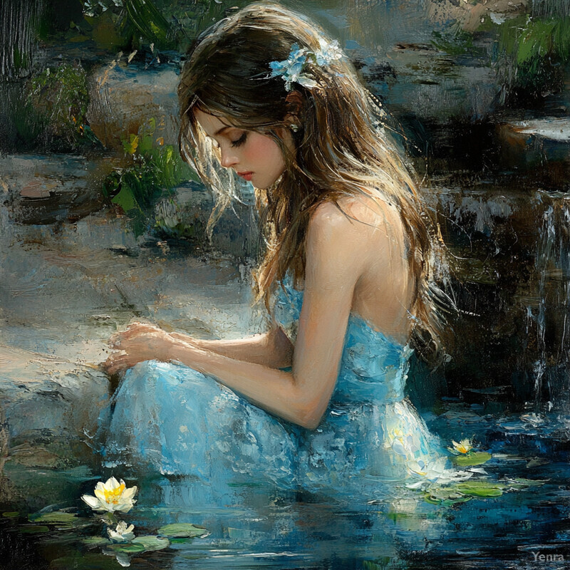 A serene and idyllic scene of a woman sitting by a pond or lake, surrounded by lush greenery and vibrant flowers.