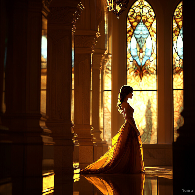 A woman in a gold dress stands confidently in front of a large window with ornate stained glass panels.