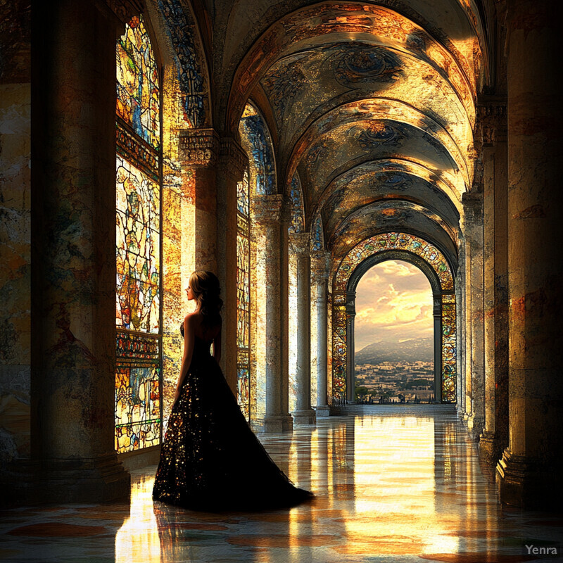 A woman stands in an ornate hallway, gazing out at a stunning landscape beyond the archway.