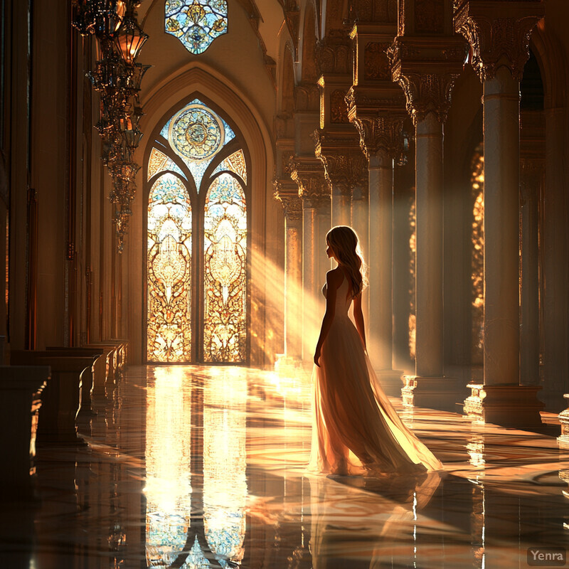 A serene image of a woman in a long dress standing in front of a grand cathedral-like structure with tall windows, surrounded by ornate details such as columns, arches, and intricate carvings.