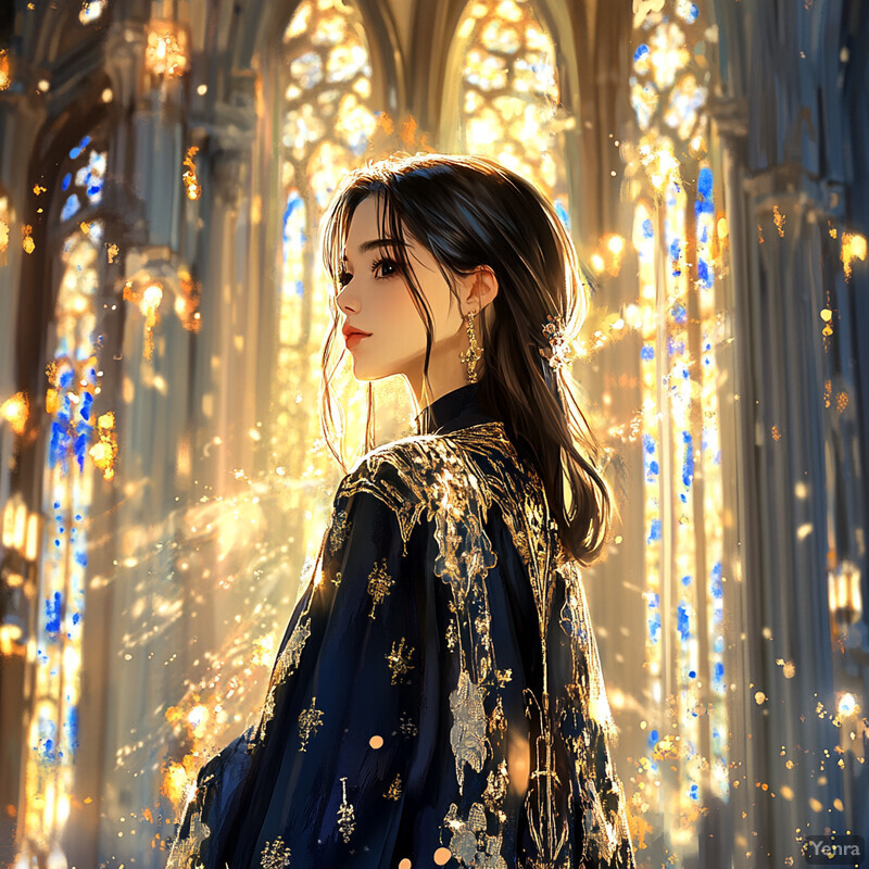 A woman stands in front of a stunning stained glass window, exuding elegance and sophistication.