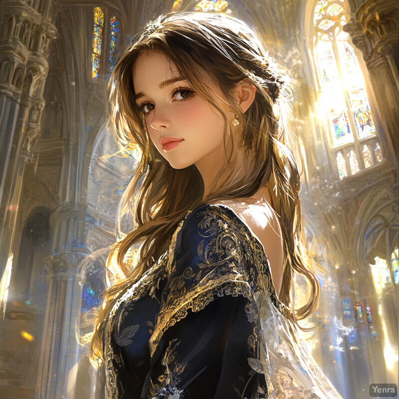 A young woman in a blue dress stands confidently in front of an ornate building, surrounded by warm colors and intricate details.