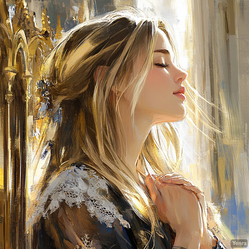 A serene and peaceful scene of a woman with her eyes closed, surrounded by soft light.