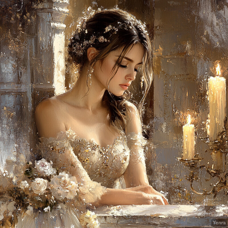 A woman in a wedding dress sits at a table surrounded by candles and flowers, exuding elegance and serenity.