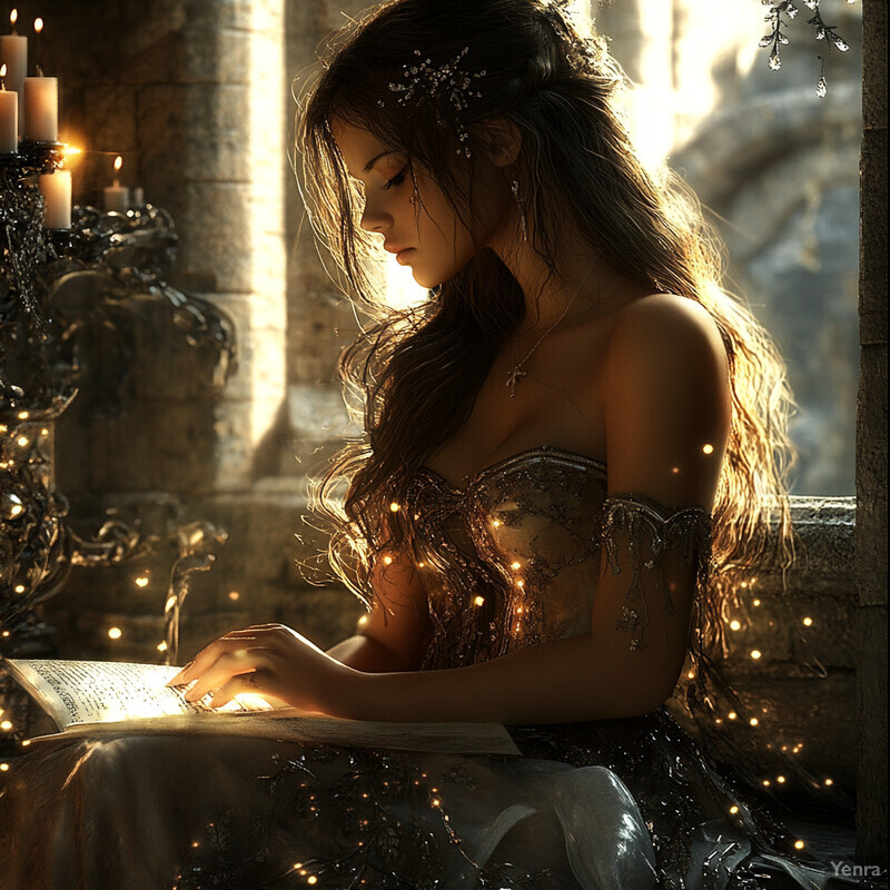 A serene and mystical scene of a woman sitting in front of a stone wall, surrounded by candles and books.