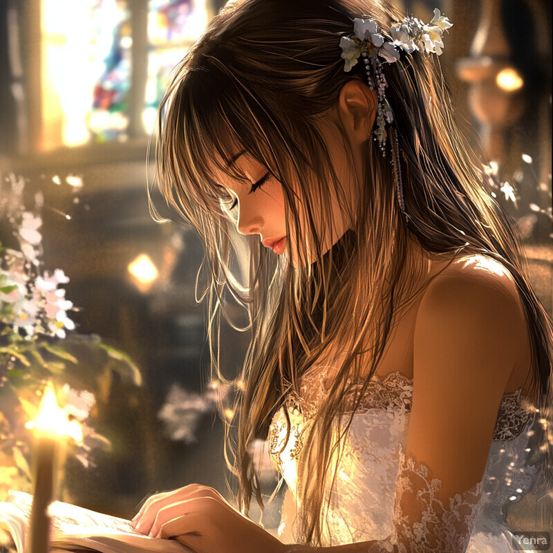 A woman engrossed in reading a book, surrounded by soft lighting and a blurred background.