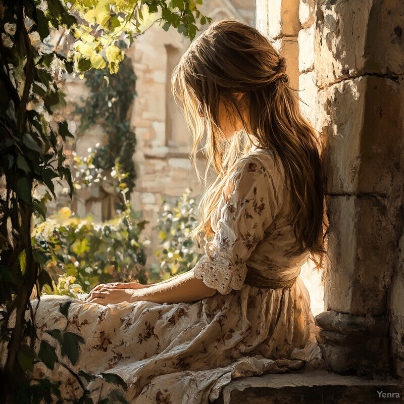 A serene woman sits on a stone window ledge, gazing out at a lush garden.