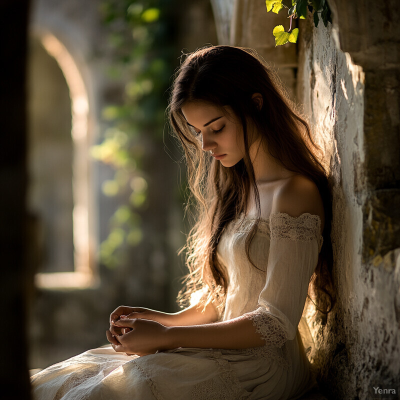 A young woman sits in a stone alcove surrounded by greenery, exuding calmness and introspection.