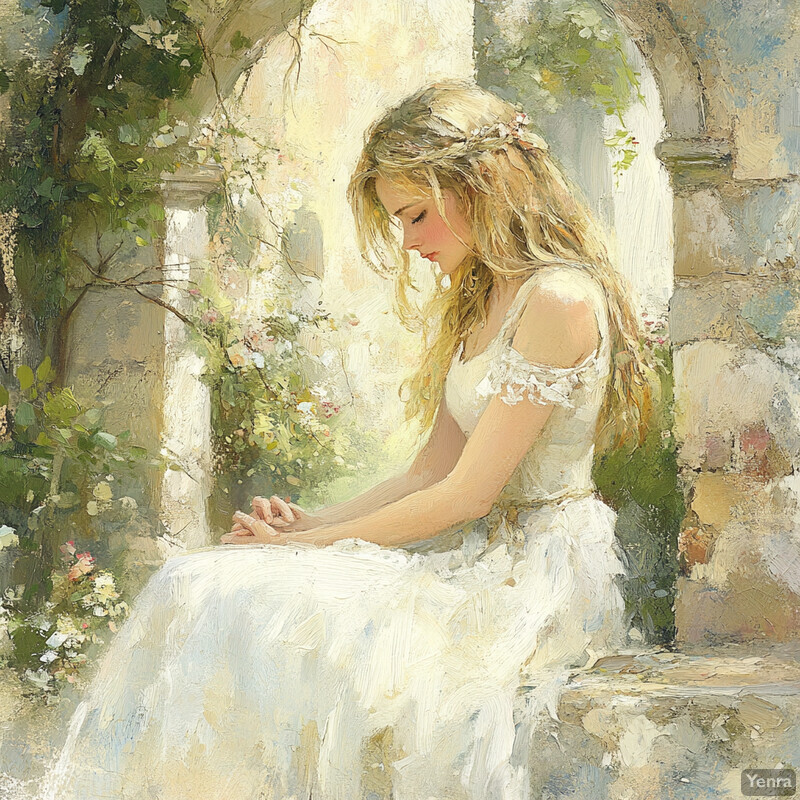 A serene painting of a woman sitting in contemplation