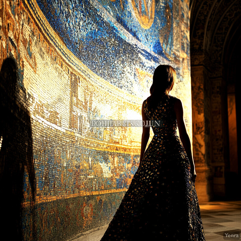 Woman in long dress standing in front of ornate mosaic wall