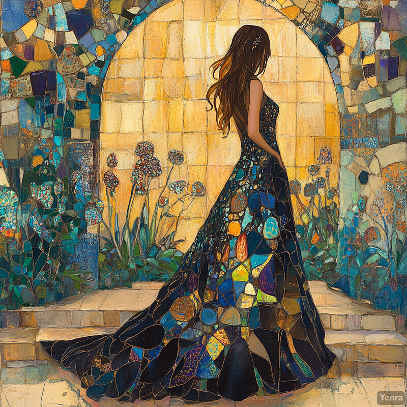 Woman in mosaic-patterned gown standing on stairs