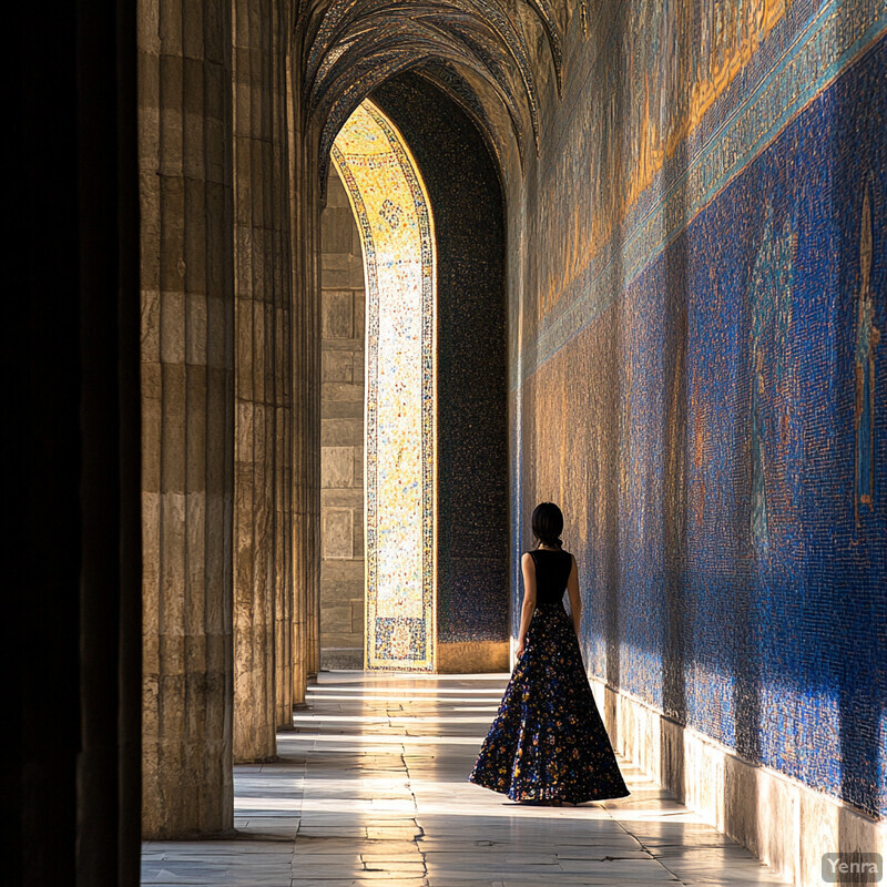 A woman stands in an ornate hallway with intricate mosaics on the walls and archways.