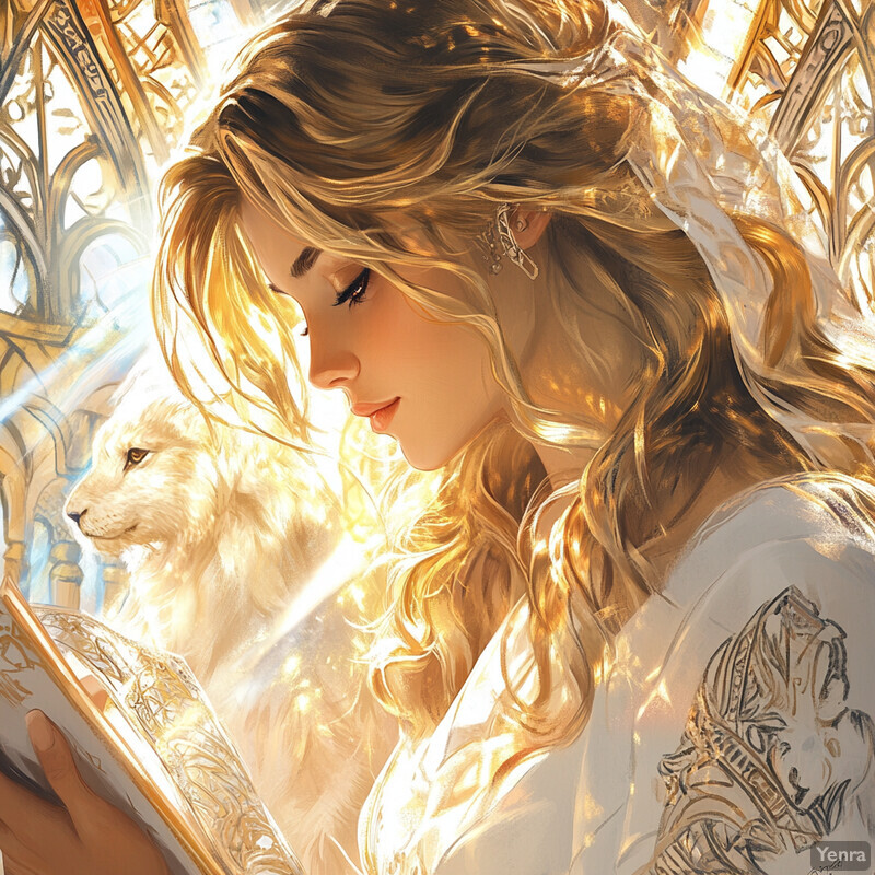 A woman with long blonde hair holds an ornate book or scroll, exuding elegance and refinement in a serene atmosphere.