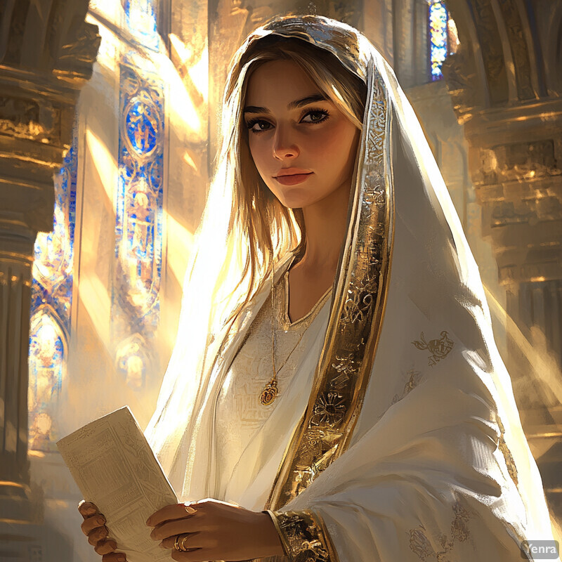 A woman dressed in white robes with gold accents holds a book or document in front of a church interior.