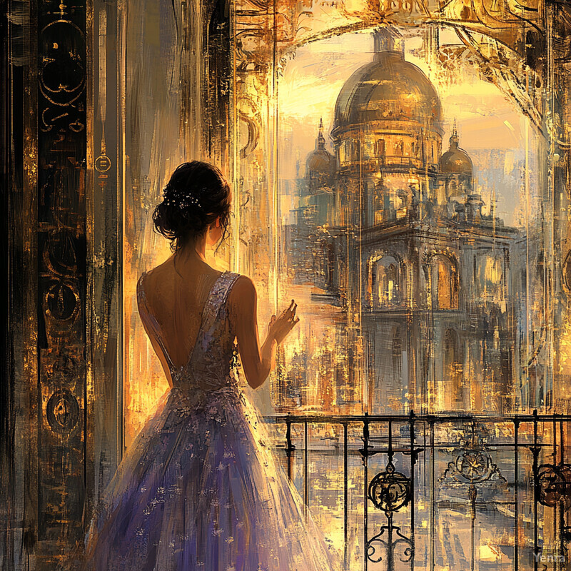 A woman in a purple dress gazes out of a window at a grand building with a golden dome.