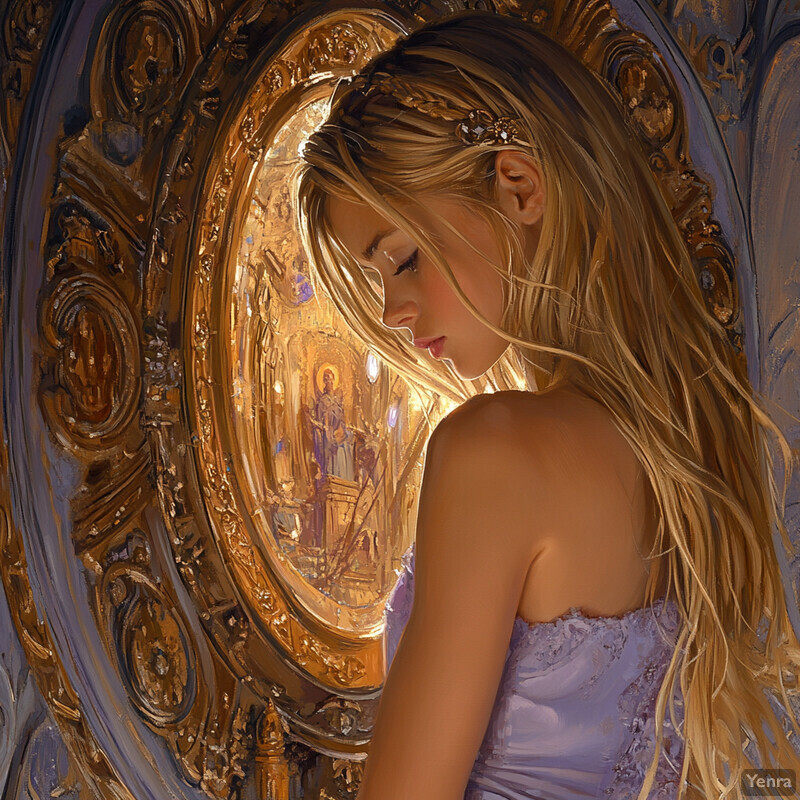 A woman stands in front of an ornate gold-framed mirror, gazing at her reflection.