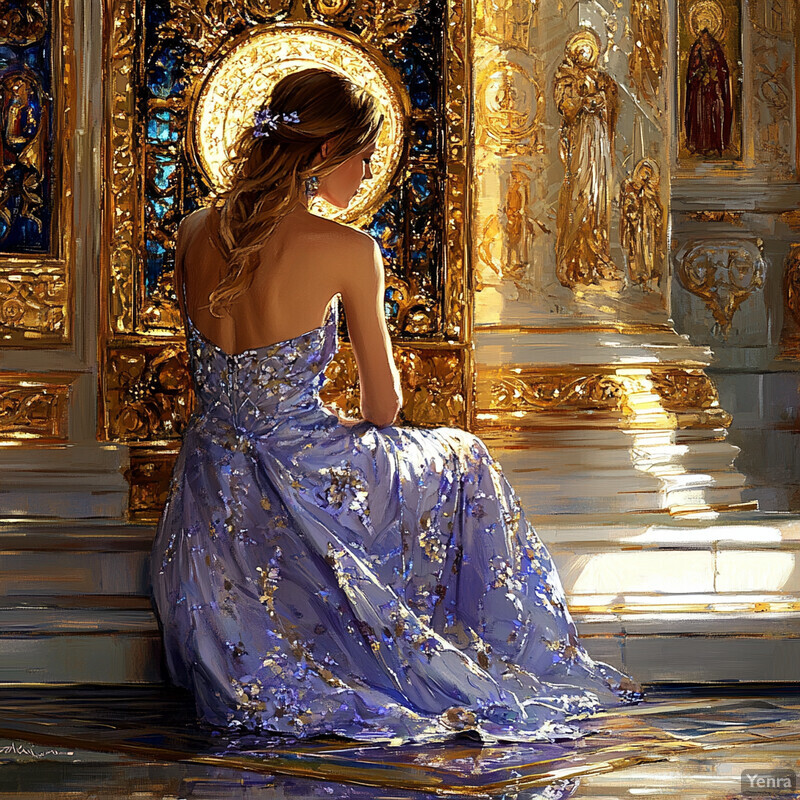 A woman in a purple dress sits on steps in front of an ornate gold-framed mirror, gazing into its reflection.