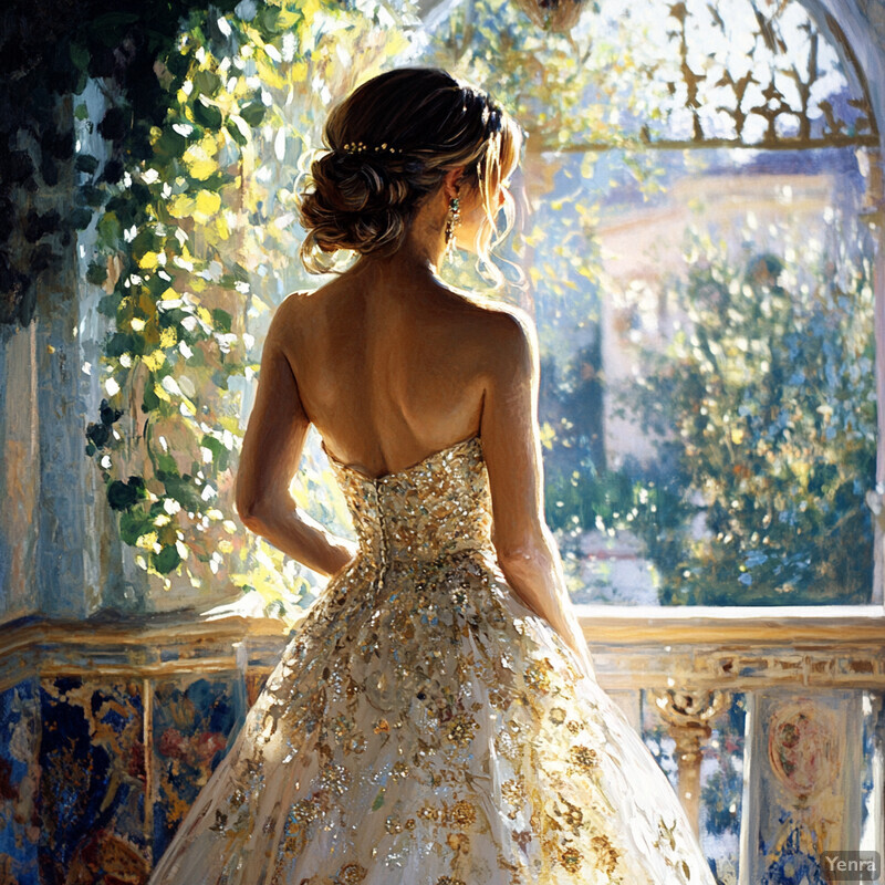 A woman in a white ballgown stands in front of a window or mirror, holding a bouquet of red roses.