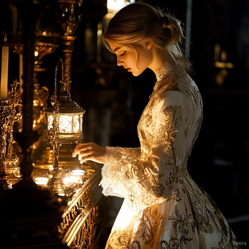 A woman in an ornate white dress stands near a table with various objects, including candelabras and a mirror.