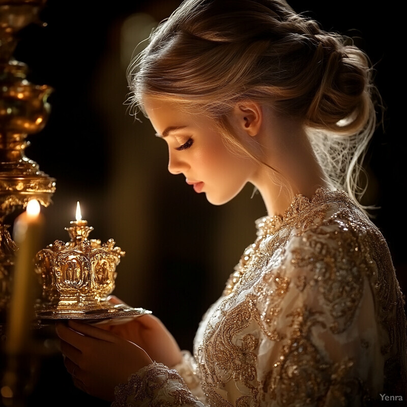 Woman holding ornate candelabra with lit candles