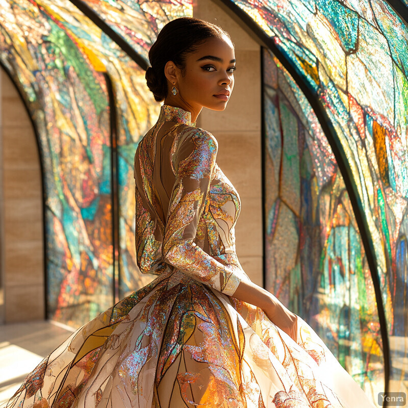 Woman posing in front of an abstract design wall