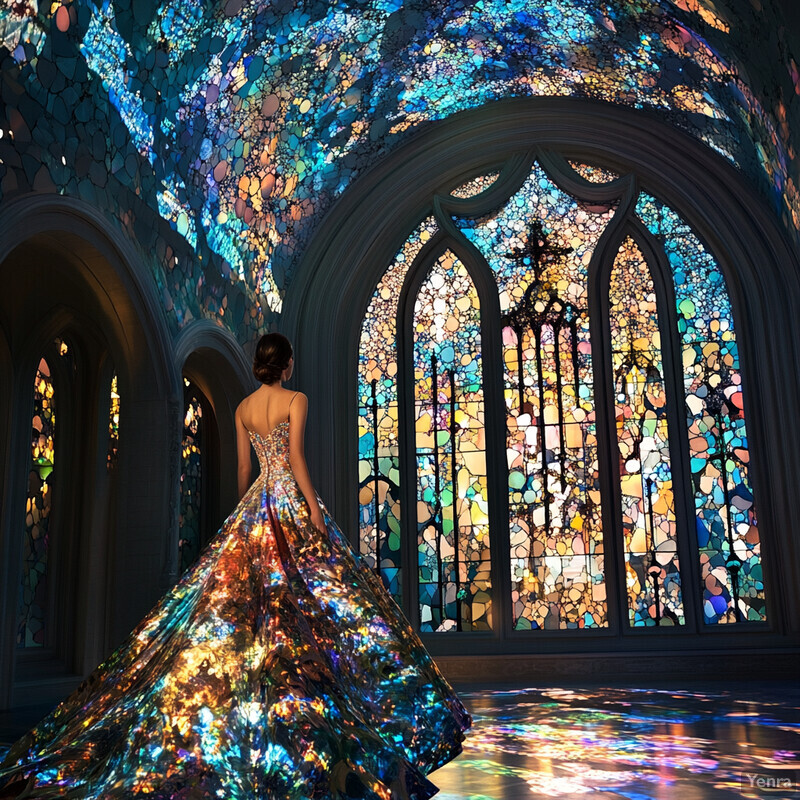 A woman in a stunning gown stands before a grand stained-glass window, conveying confidence and poise.