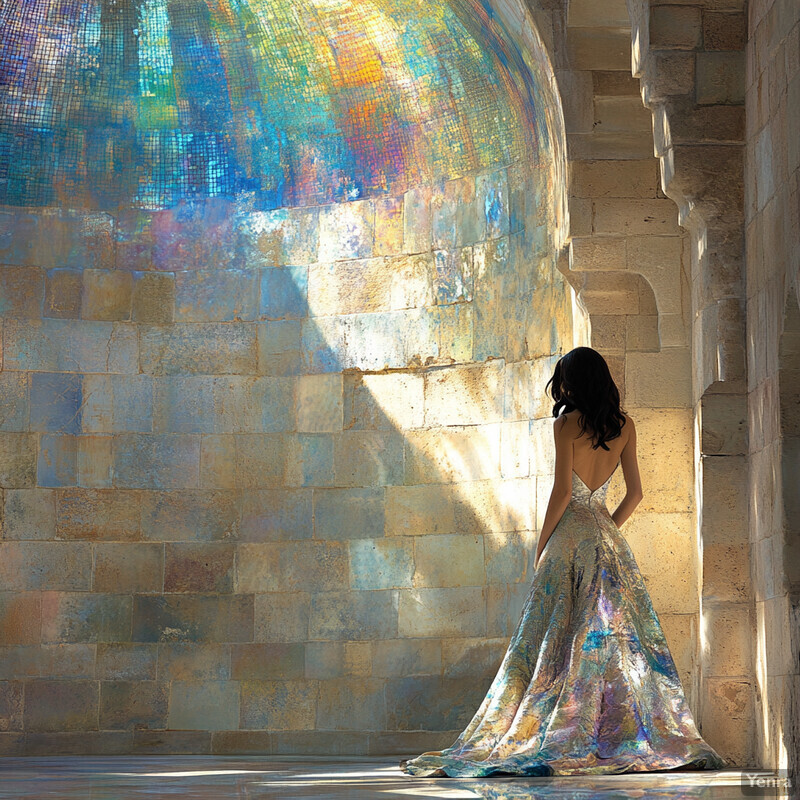 A woman stands confidently in front of a stone wall, wearing a shimmering long dress with a low back and flowing skirt.