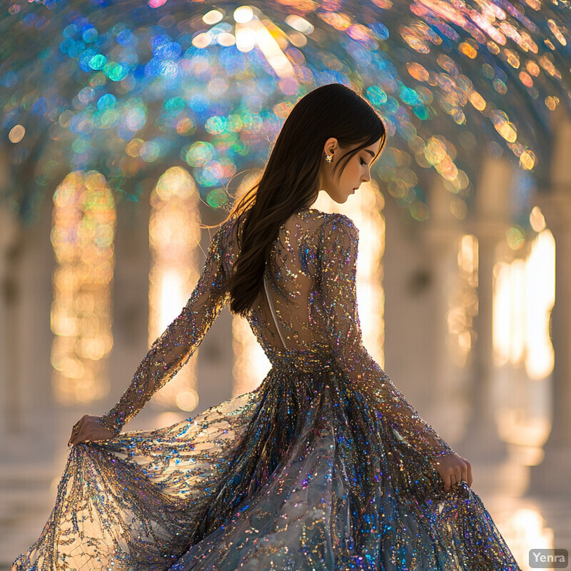 A woman in a long-sleeved dress poses against a colorful floral backdrop