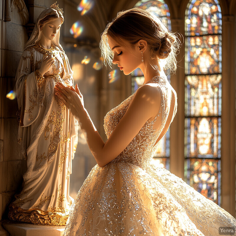 A woman stands beside a statue of the Virgin Mary in a beautiful white wedding dress