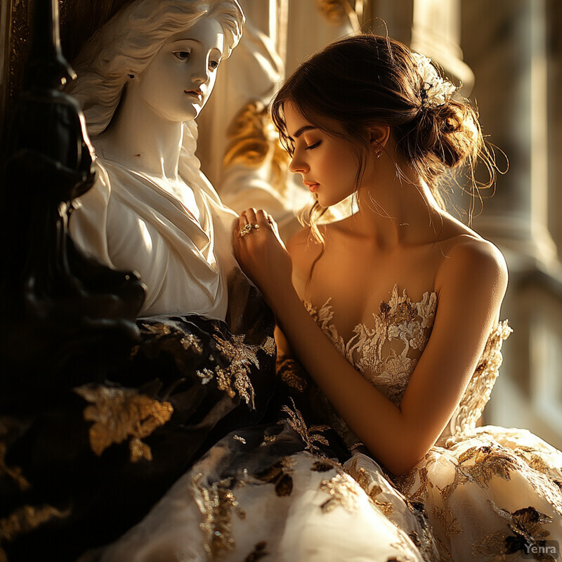 A woman in a gold embroidered wedding dress with an updo hairstyle, set against a sophisticated background