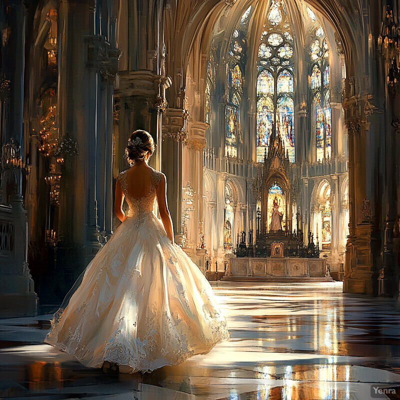 A woman in a stunning wedding dress stands confidently in an ornate cathedral, gazing out towards the viewer.