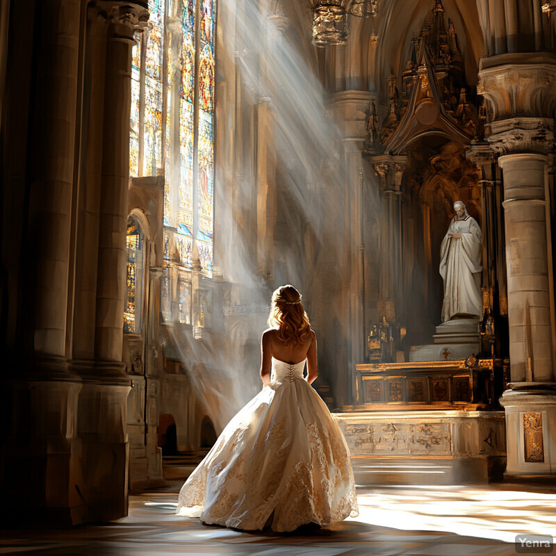 A woman in a wedding dress stands confidently in front of an ornate church altar, surrounded by stained glass windows and statues.