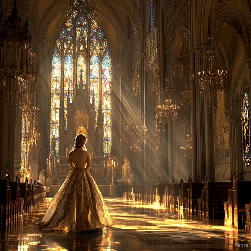 A woman in a white and gold ball gown stands confidently in an ornate cathedral, surrounded by intricate details and vibrant colors.