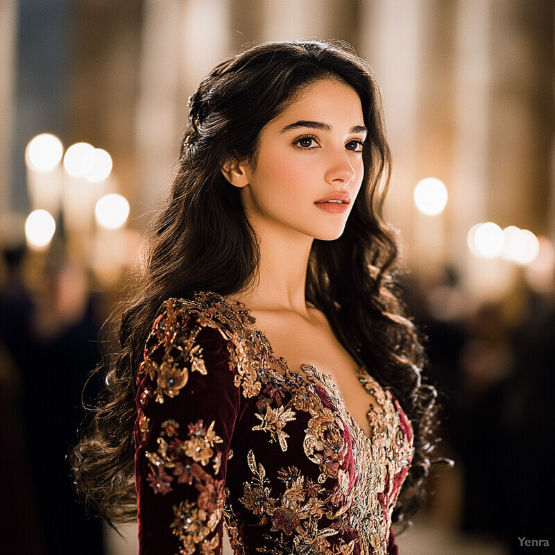 A woman in a red dress with gold embroidery stands in an indoor setting.