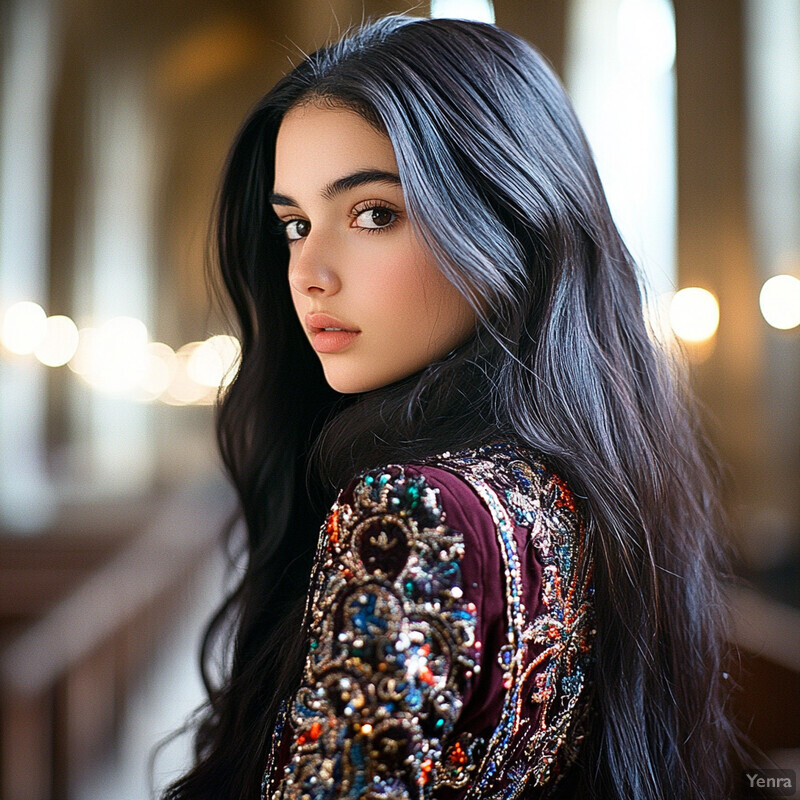 A young woman with long dark hair and brown eyes wearing a purple dress with gold embroidery and matching earrings stands in a dimly lit room.