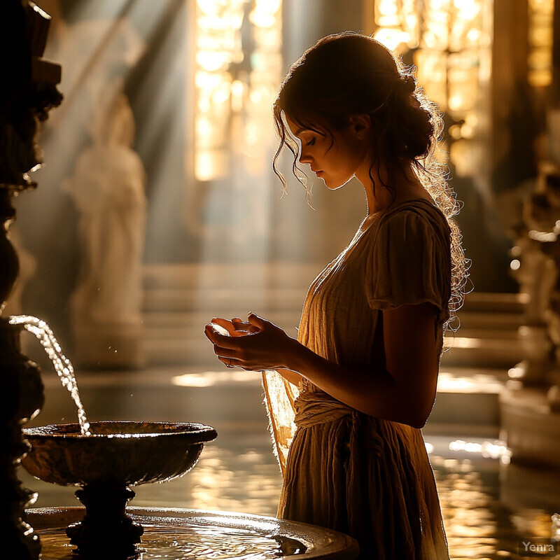 A woman stands in front of a fountain, her long curly hair cascading down her back like a waterfall, wearing a flowing white gown with short sleeves and intricate embroidery.