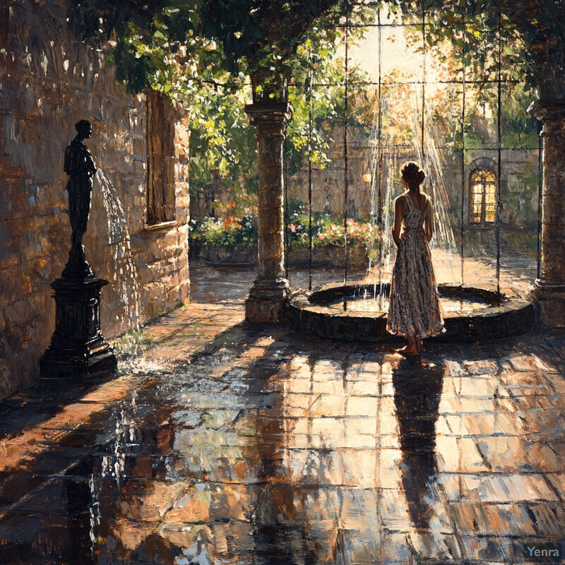 A serene courtyard scene with a woman in front of a fountain.