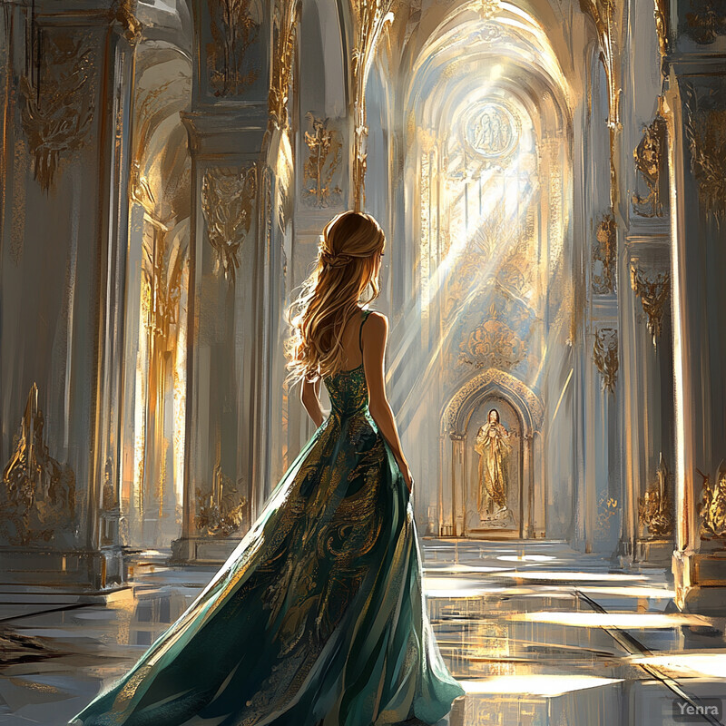 A woman walks through an ornate hallway in a long, flowing teal dress with gold accents.