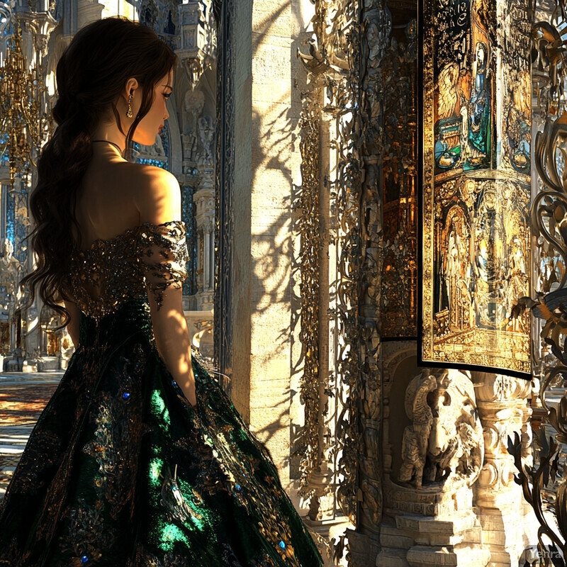 A woman in an emerald green ball gown stands in front of an ornate building, exuding luxury and sophistication.