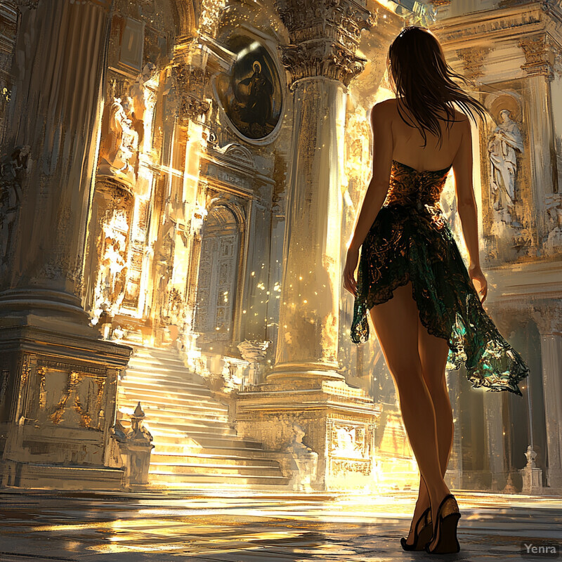 A woman in a green dress walks towards a grand building with white columns and gold accents.