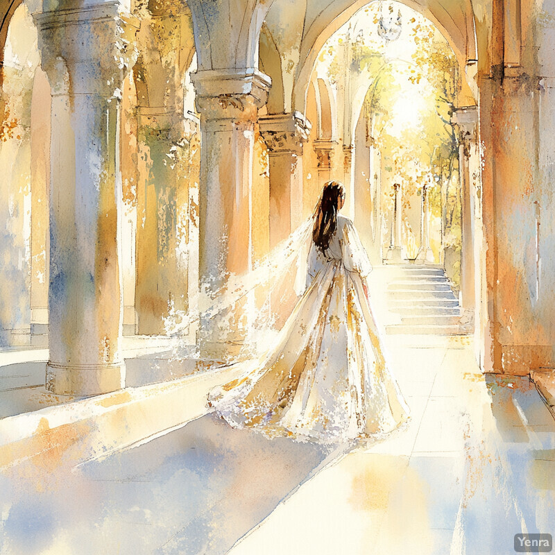 A serene and idyllic scene of a woman in a white dress standing under an archway