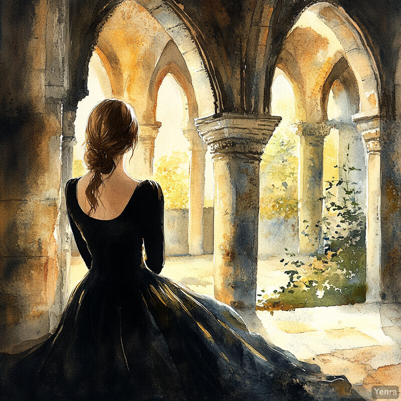 A woman in a black dress stands in an arched alcove, gazing out at a serene landscape.