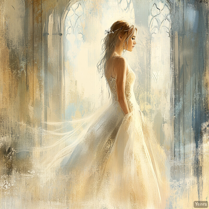 A serene and ethereal scene of a woman in a wedding dress standing in front of an arched window surrounded by lush greenery