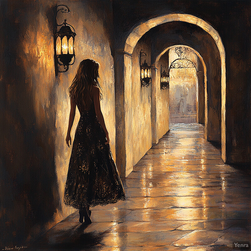 A woman walks down an illuminated path surrounded by archways and sconces.