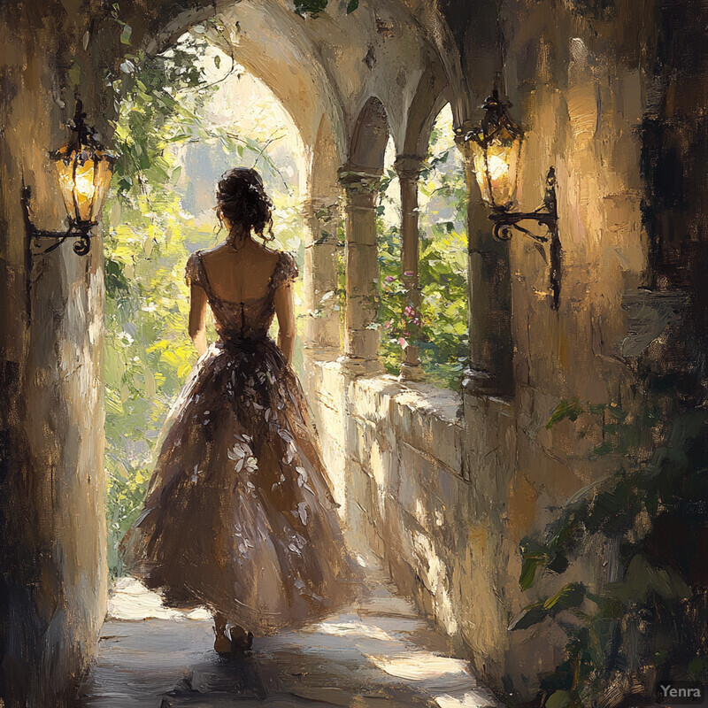 A woman in a long dress walks along an illuminated path surrounded by greenery and stone arches