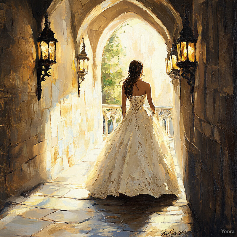 A woman in a wedding dress stands in an arched hallway with stone walls and a tiled floor.