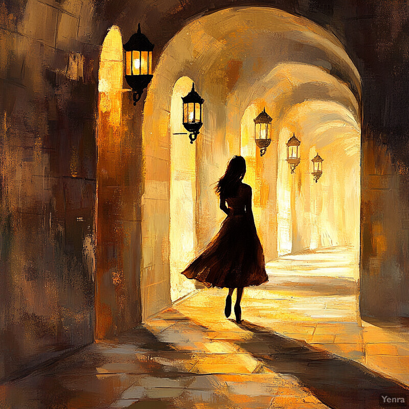 A woman walks down a dimly lit corridor with arched doorways and stone walls.